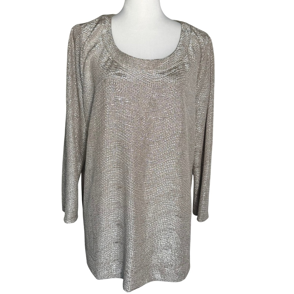 ANN‎ TAYLOR Women's XL Long Sleeve Metallic Champagne Textured Tunic Top Blouse